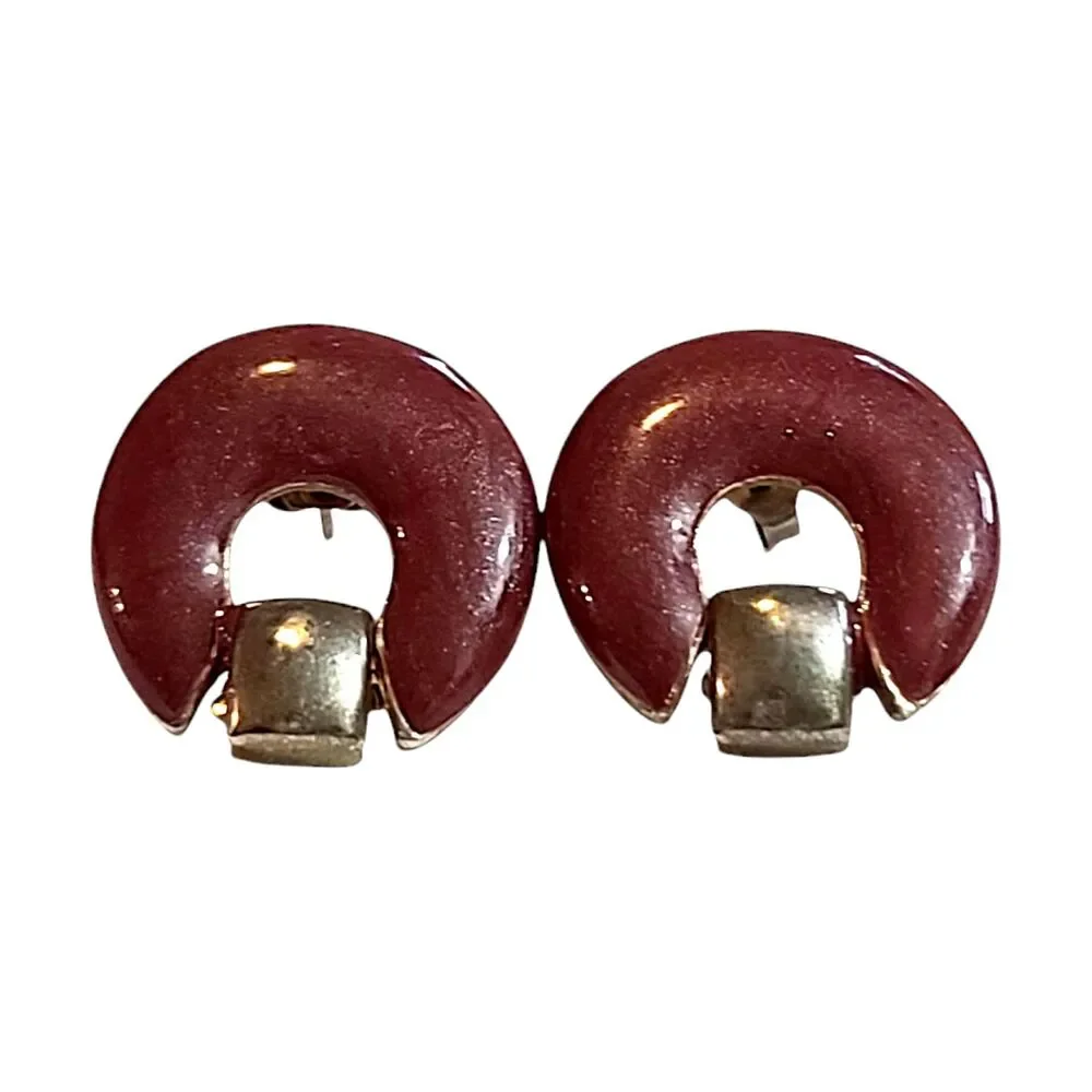 Vintage 80's Maroon Silver Tone Enamel Doorknocker Dangle Earrings
